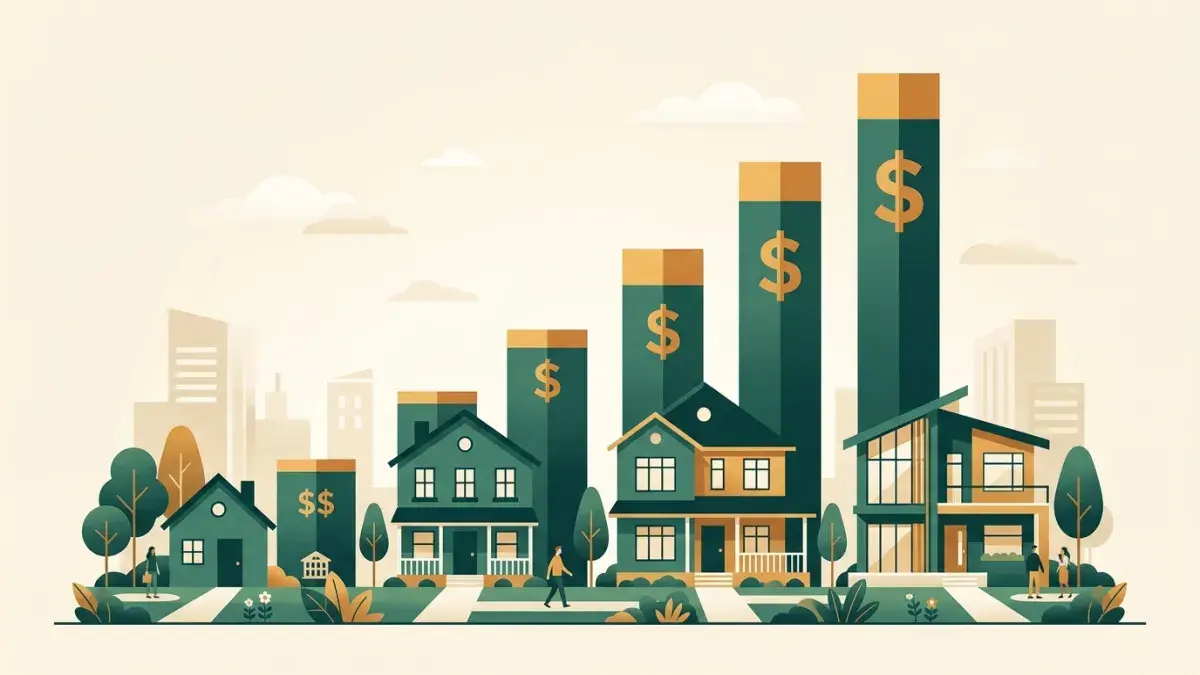 Illustration of homes of increasing size beside rising payment bars